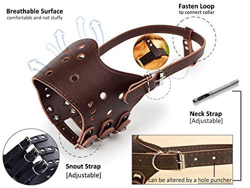 Barkless Dog Muzzle Leather, Comfort Secure Anti-Barking Muzzles for Dog, Breathable and Adjustable, Allows Drinking and Eating, Used with Collars