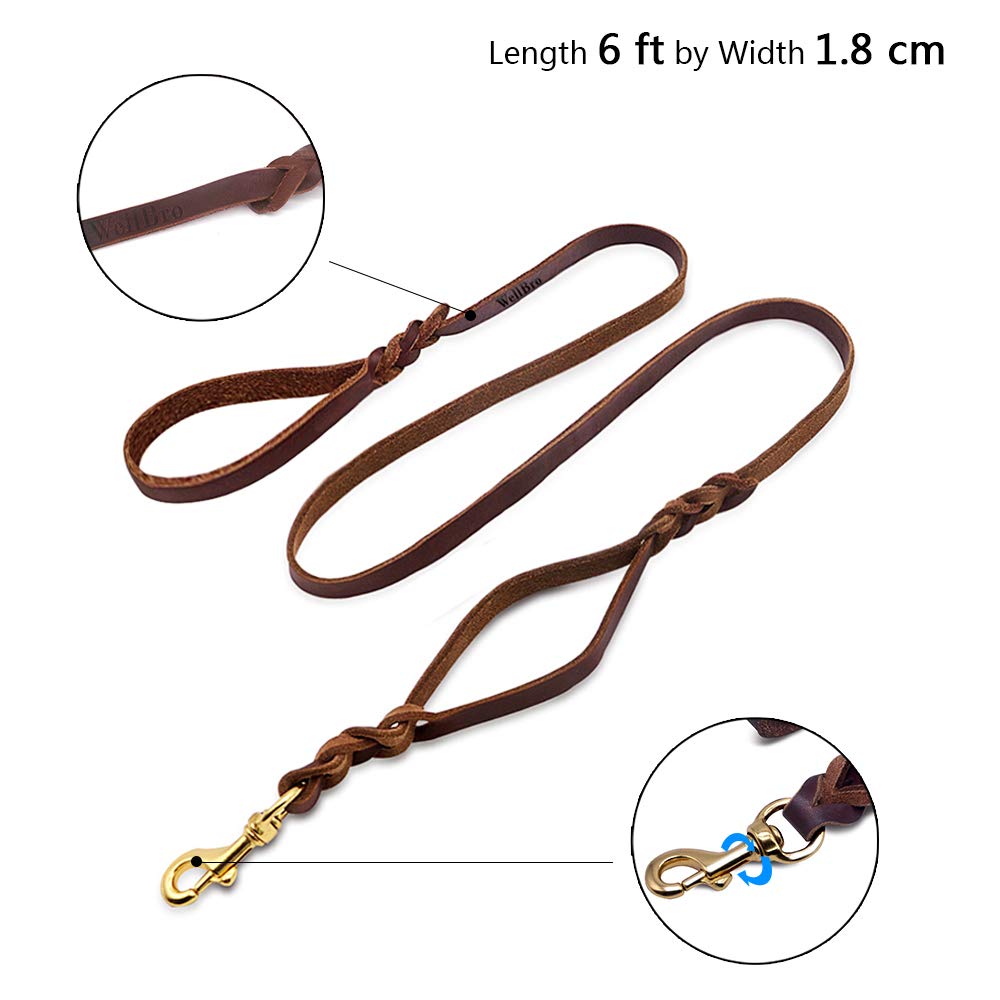 Wellbro Luxury Genuine Leather Double Handle Dog Leash, Braided Training Lead with Traffic Handle, Easy Control and Heavy Duty, 1.8cm Width by 6ft Length, Brown