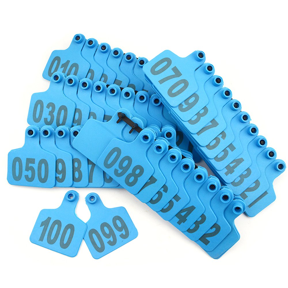 WMYCONGCONG 1-100 Number Plastic Livestock Blue Cow Cattle Ear Tag Animal Tag and 1 PCS Ear Tag Applicator