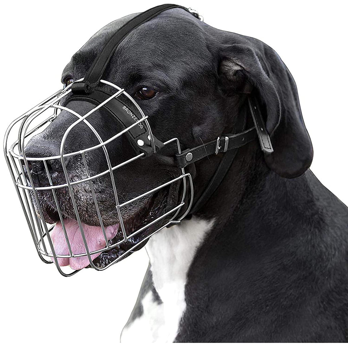 BRONZEDOG Metal Wire Basket Dog Muzzle Great Dane Mastiff Leather Adjustable Muzzles for Large Dogs (XL)